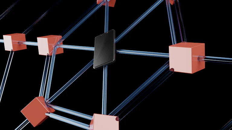 복잡하게 연결된 블록체인 네트워크 노드와 데이터 흐름